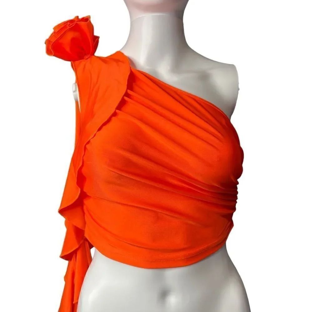 SHEIN icon one shoulder ruffle crop top orange size XS
